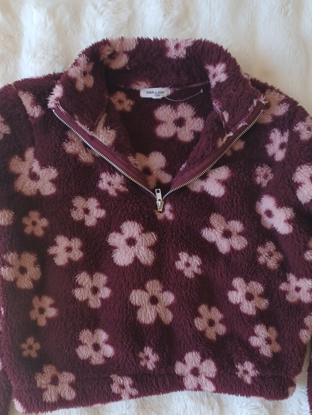 Women’s Burgundy Floral Sherpa Half-Zip Jacket - Picture 8 of 11